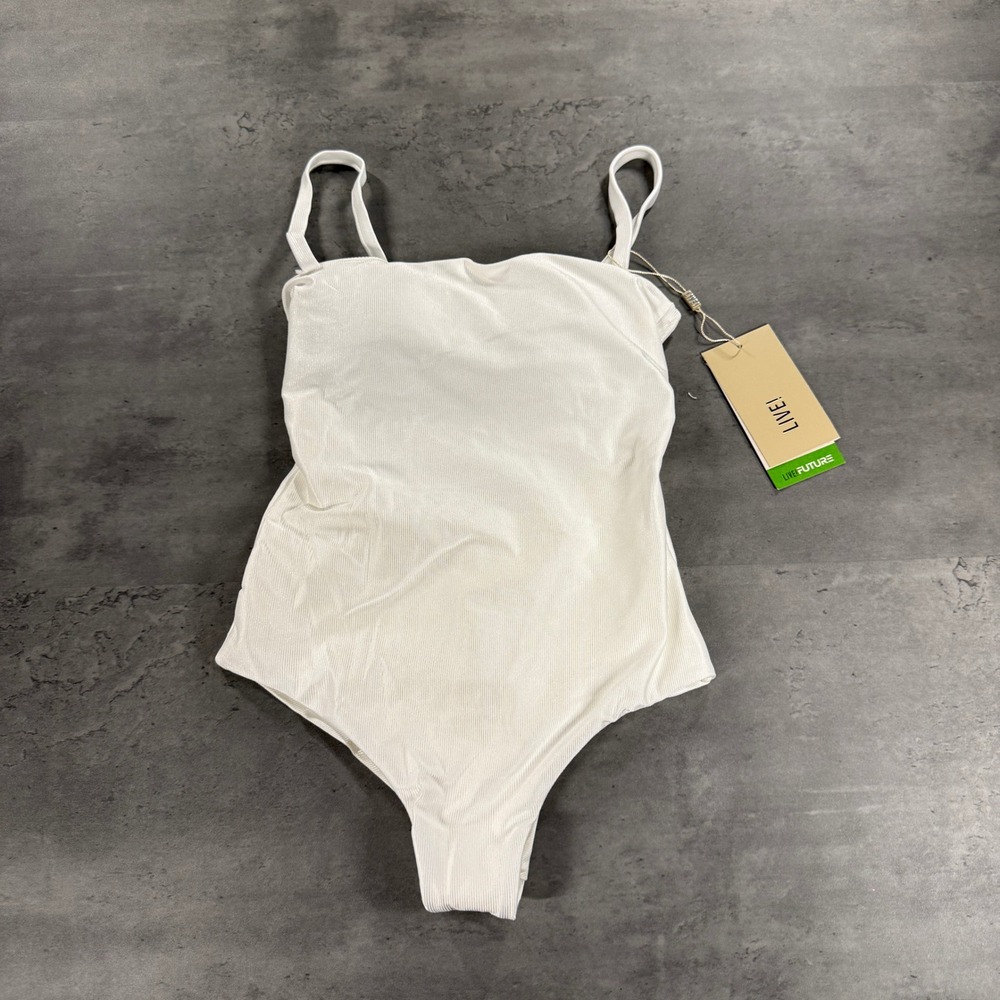 Live! Bodysuit Womens S Allure Adaptiv White Ribbed Shimmer Shiny Cutout NEW